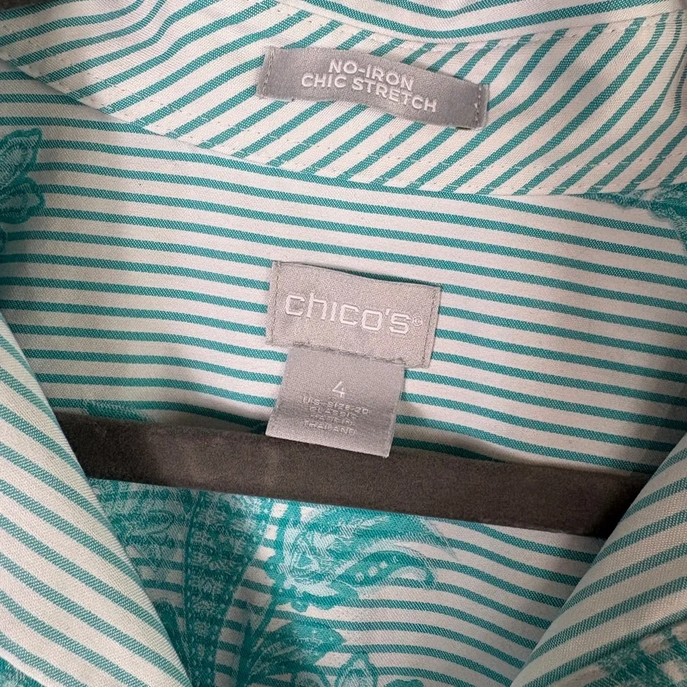 Chico's Teal and White Striped Shirt with Floral Accent